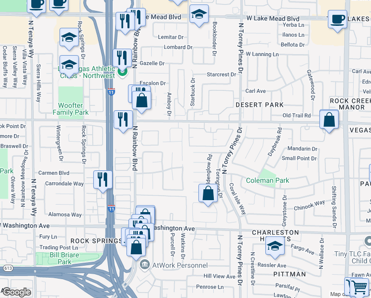 map of restaurants, bars, coffee shops, grocery stores, and more near 1436 Padre Bay Drive in Las Vegas