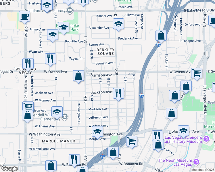 map of restaurants, bars, coffee shops, grocery stores, and more near 501 West Van Buren Avenue in Las Vegas