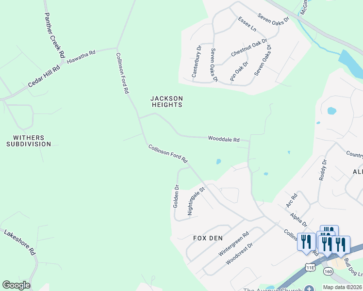 map of restaurants, bars, coffee shops, grocery stores, and more near 1200 Collinson Ford Road in Morristown