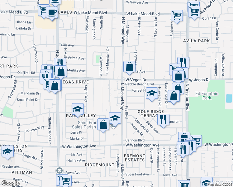 map of restaurants, bars, coffee shops, grocery stores, and more near 1338 Shadow Mountain Place in Las Vegas