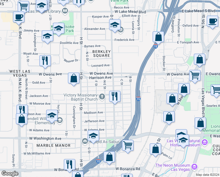 map of restaurants, bars, coffee shops, grocery stores, and more near 409 West Van Buren Avenue in Las Vegas
