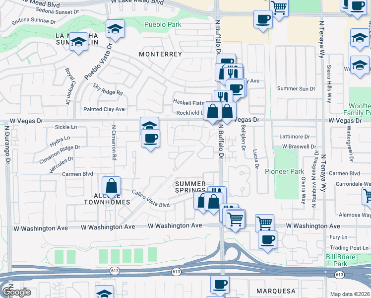 map of restaurants, bars, coffee shops, grocery stores, and more near 7708 Coralite Drive in Las Vegas