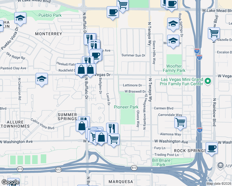 map of restaurants, bars, coffee shops, grocery stores, and more near 1336 Pacific Terrace Drive in Las Vegas