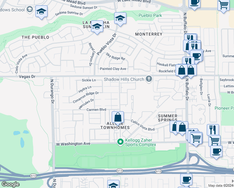 map of restaurants, bars, coffee shops, grocery stores, and more near 132 North Cimarron Road in Las Vegas