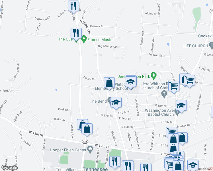 map of restaurants, bars, coffee shops, grocery stores, and more near 1874 North Dixie Avenue in Cookeville