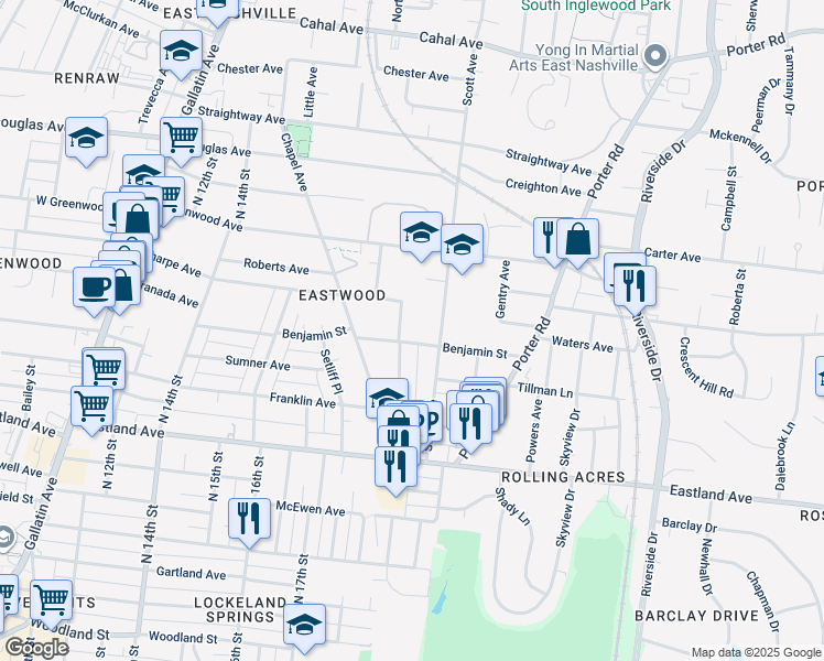 map of restaurants, bars, coffee shops, grocery stores, and more near 223 Scott Avenue in Nashville