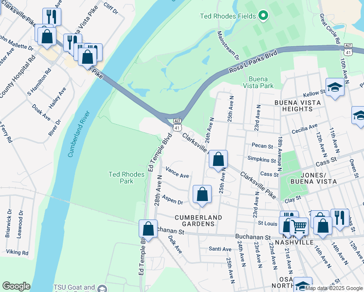 map of restaurants, bars, coffee shops, grocery stores, and more near 2706 O Neal Drive in Nashville