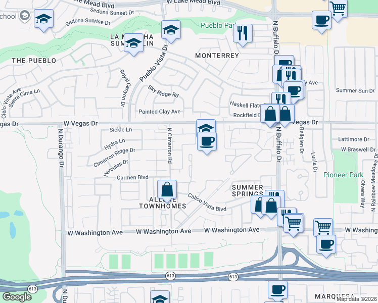 map of restaurants, bars, coffee shops, grocery stores, and more near 1341 Pinto Rock Lane in Las Vegas
