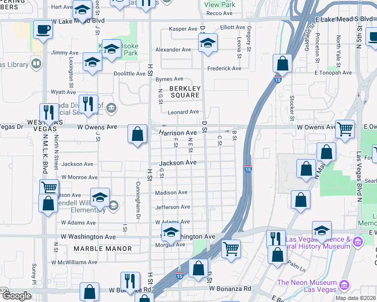 map of restaurants, bars, coffee shops, grocery stores, and more near 501 West Van Buren Avenue in Las Vegas