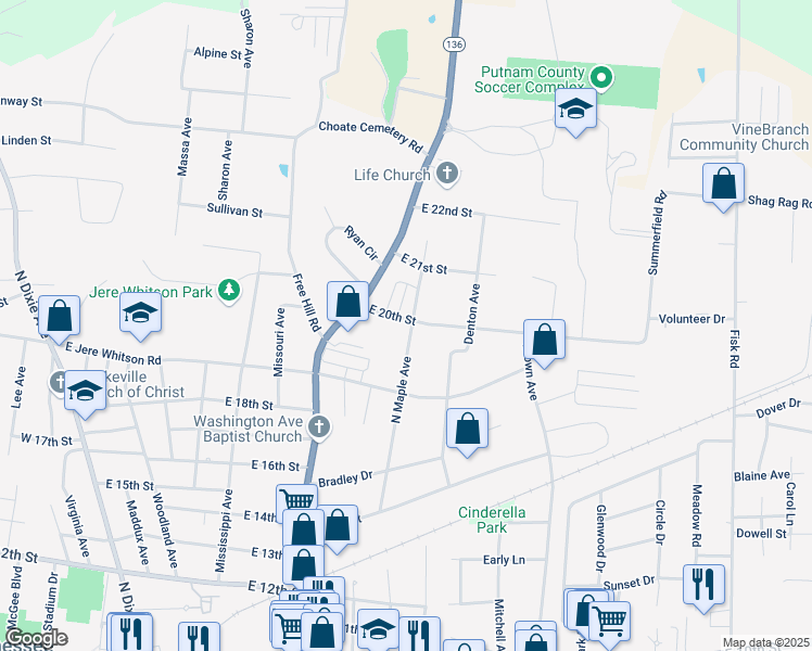 map of restaurants, bars, coffee shops, grocery stores, and more near 1940 North Washington Avenue in Cookeville