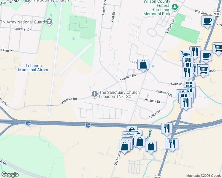map of restaurants, bars, coffee shops, grocery stores, and more near 325 Franklin Road in Lebanon