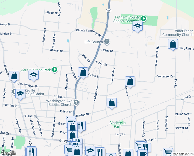 map of restaurants, bars, coffee shops, grocery stores, and more near 555 East 20th Street in Cookeville