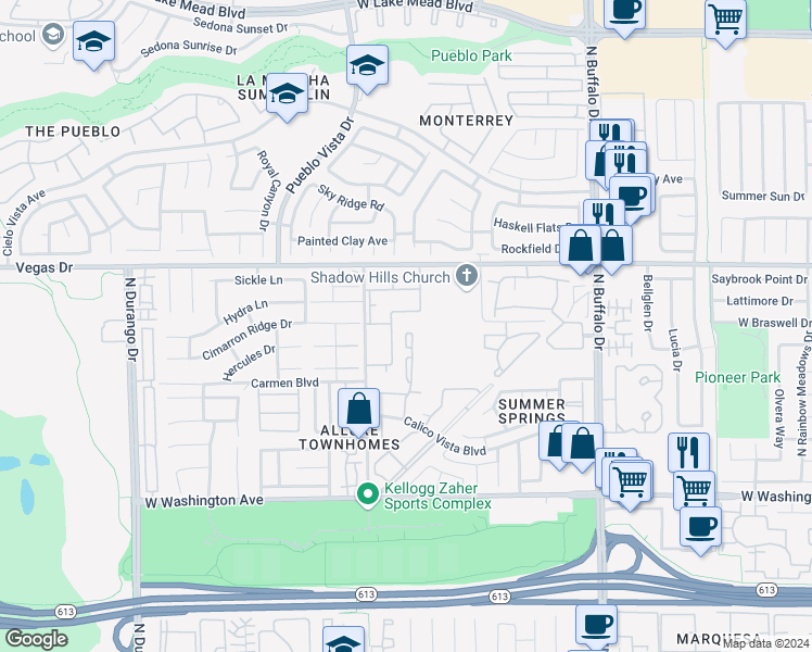 map of restaurants, bars, coffee shops, grocery stores, and more near 1341 Pinto Rock Lane in Las Vegas