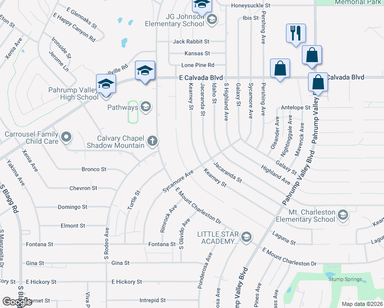 map of restaurants, bars, coffee shops, grocery stores, and more near 2250 Kearney Street in Pahrump