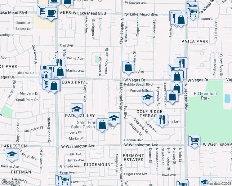 map of restaurants, bars, coffee shops, grocery stores, and more near 1401 North Michael Way in Las Vegas