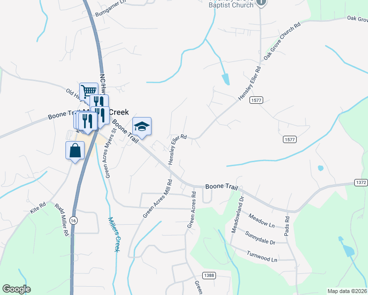 map of restaurants, bars, coffee shops, grocery stores, and more near 271 Hensley Eller Road in Millers Creek