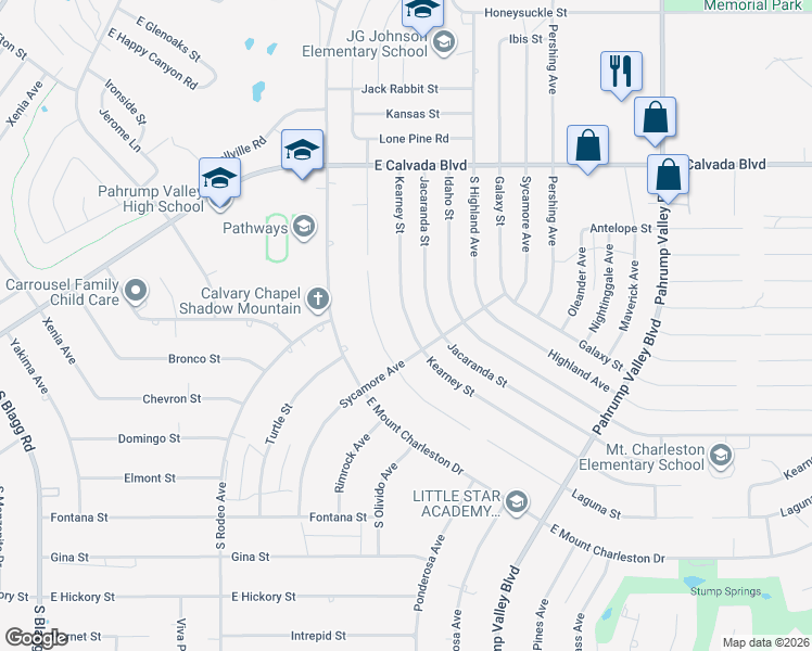 map of restaurants, bars, coffee shops, grocery stores, and more near 2250 Kearney Street in Pahrump