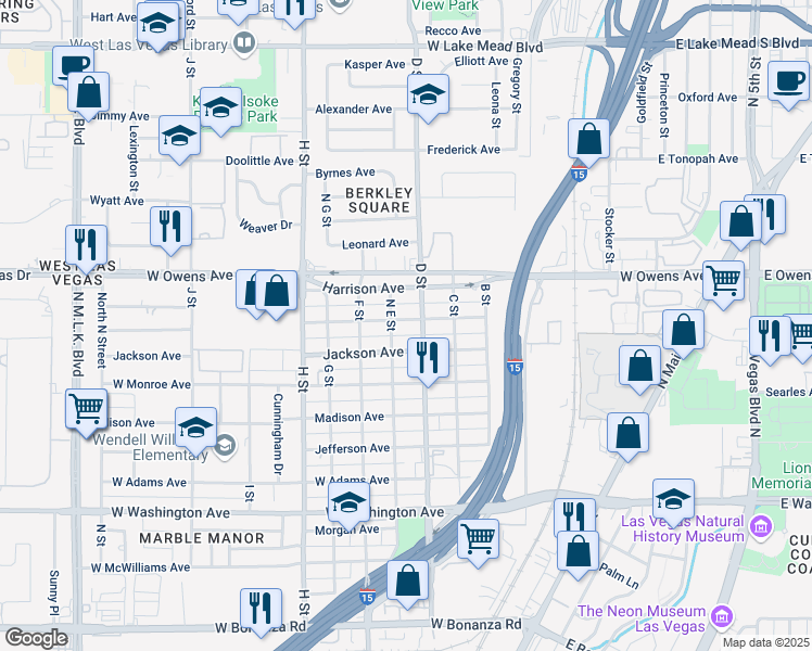 map of restaurants, bars, coffee shops, grocery stores, and more near 409 West Van Buren Avenue in Las Vegas