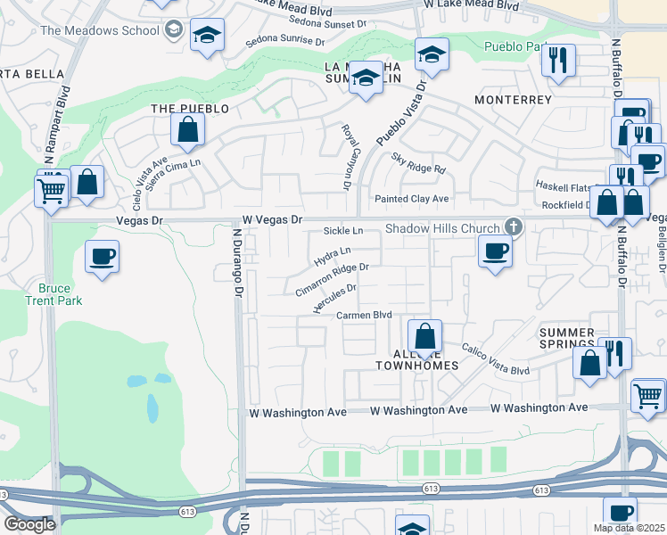 map of restaurants, bars, coffee shops, grocery stores, and more near 8200 Cimarron Ridge Drive in Las Vegas