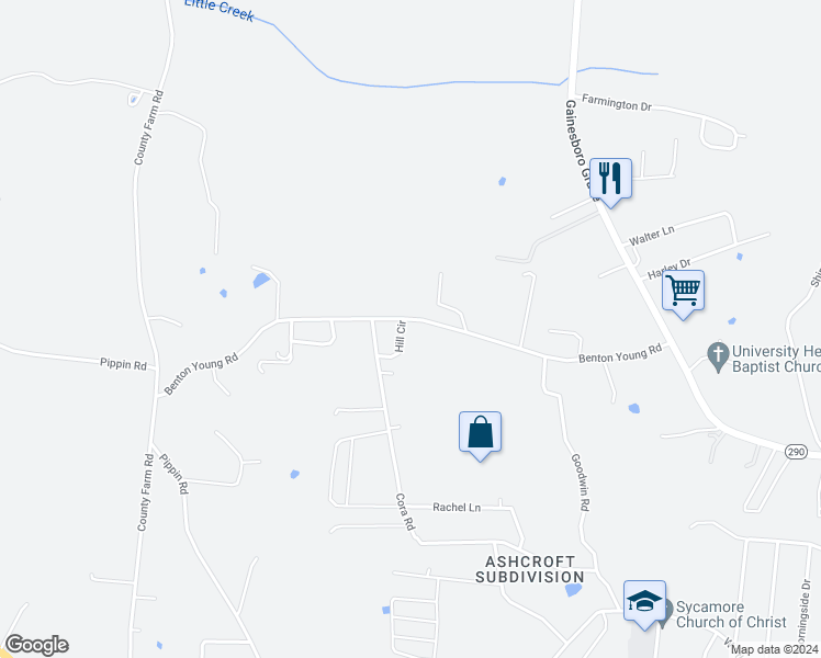 map of restaurants, bars, coffee shops, grocery stores, and more near 2072 Benton Young Road in Cookeville