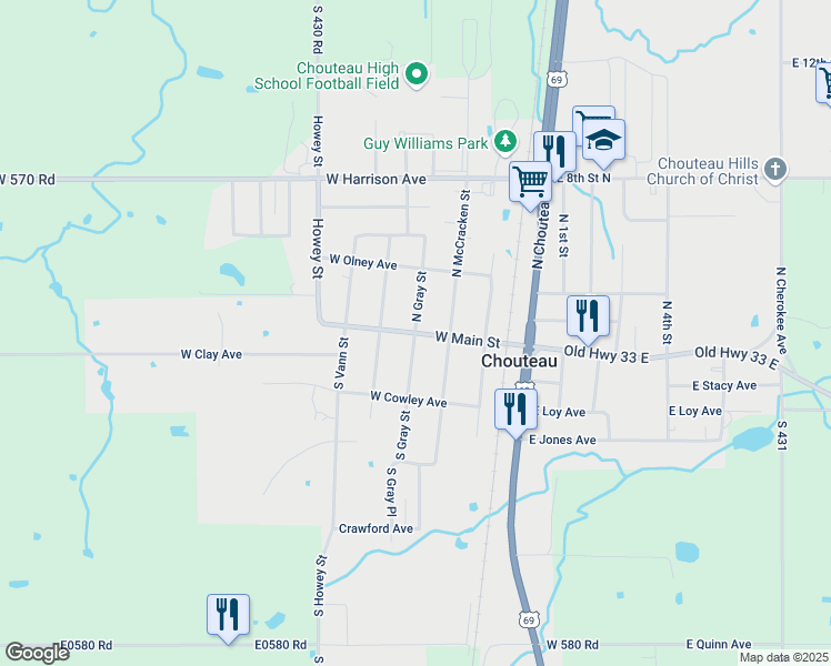 map of restaurants, bars, coffee shops, grocery stores, and more near West Main Street in Chouteau