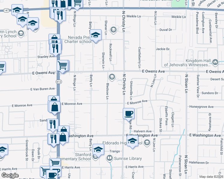 map of restaurants, bars, coffee shops, grocery stores, and more near 1580 Bledsoe Lane in Las Vegas