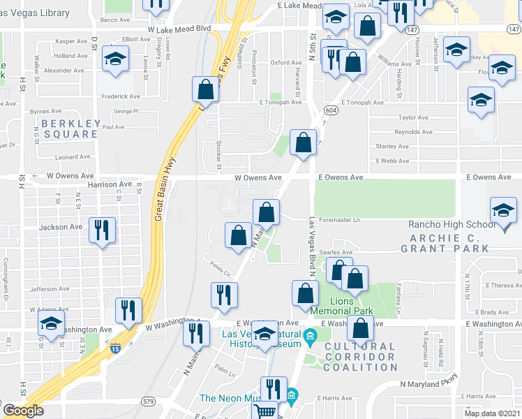 map of restaurants, bars, coffee shops, grocery stores, and more near 1581 North Main Street in Las Vegas