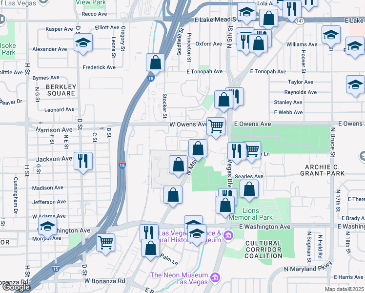 map of restaurants, bars, coffee shops, grocery stores, and more near 15 West Owens Avenue in North Las Vegas
