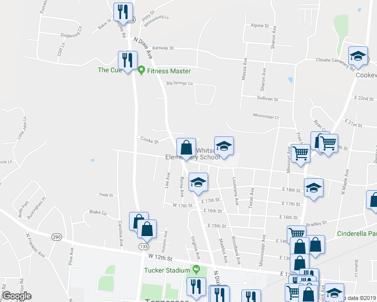 map of restaurants, bars, coffee shops, grocery stores, and more near 1911 North Dixie Avenue in Cookeville