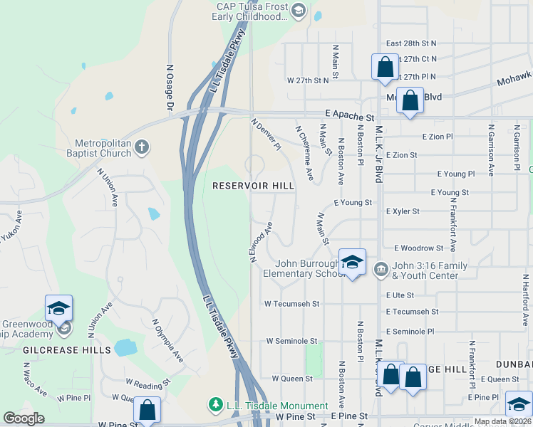 map of restaurants, bars, coffee shops, grocery stores, and more near 2338 North Elwood Avenue in Tulsa