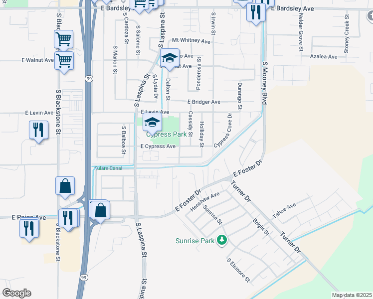 map of restaurants, bars, coffee shops, grocery stores, and more near 1882 South Sundance Street in Tulare