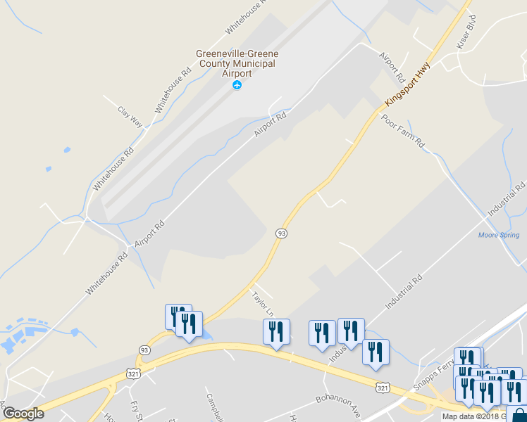 map of restaurants, bars, coffee shops, grocery stores, and more near 747 Kingsport Highway in Greeneville