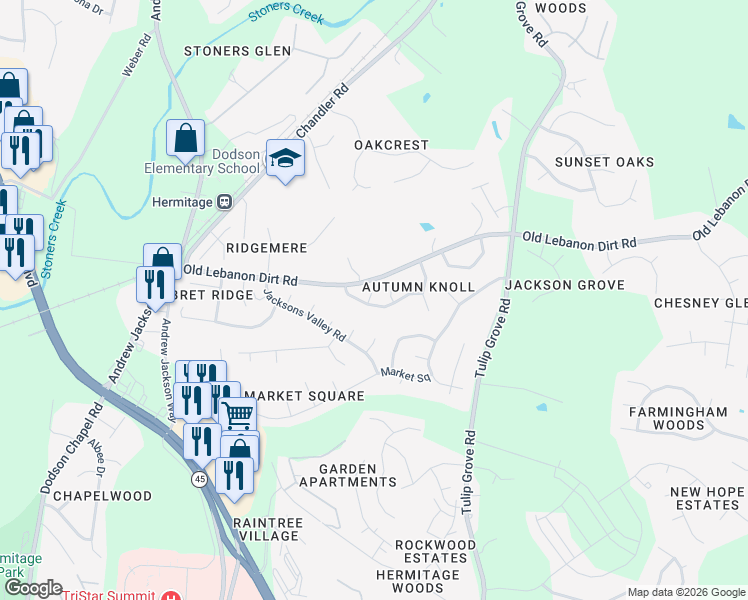 map of restaurants, bars, coffee shops, grocery stores, and more near 405 Autumn Knoll Court in Nashville