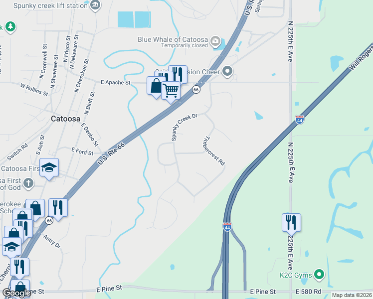map of restaurants, bars, coffee shops, grocery stores, and more near 141 Spunky Creek Drive in Catoosa