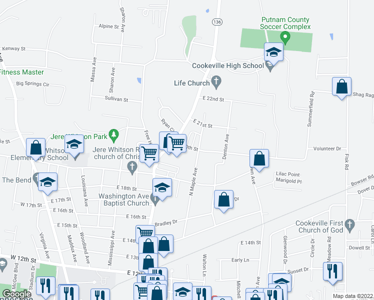 map of restaurants, bars, coffee shops, grocery stores, and more near 535 East 20th Street in Cookeville
