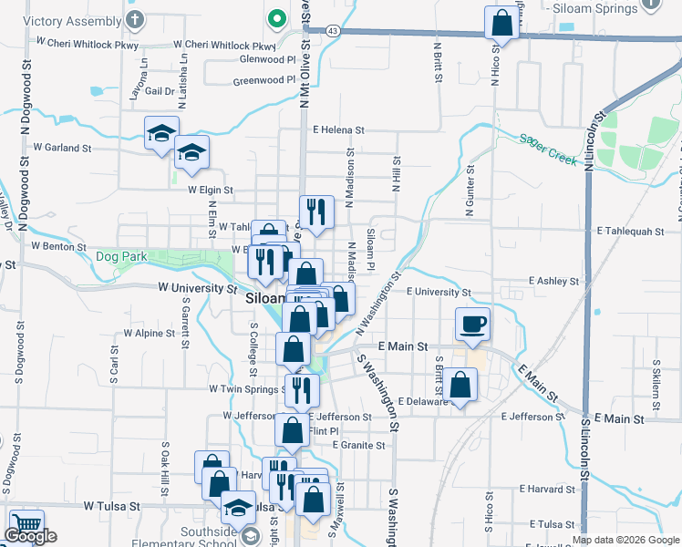 map of restaurants, bars, coffee shops, grocery stores, and more near 305 East Ashley Street in Siloam Springs