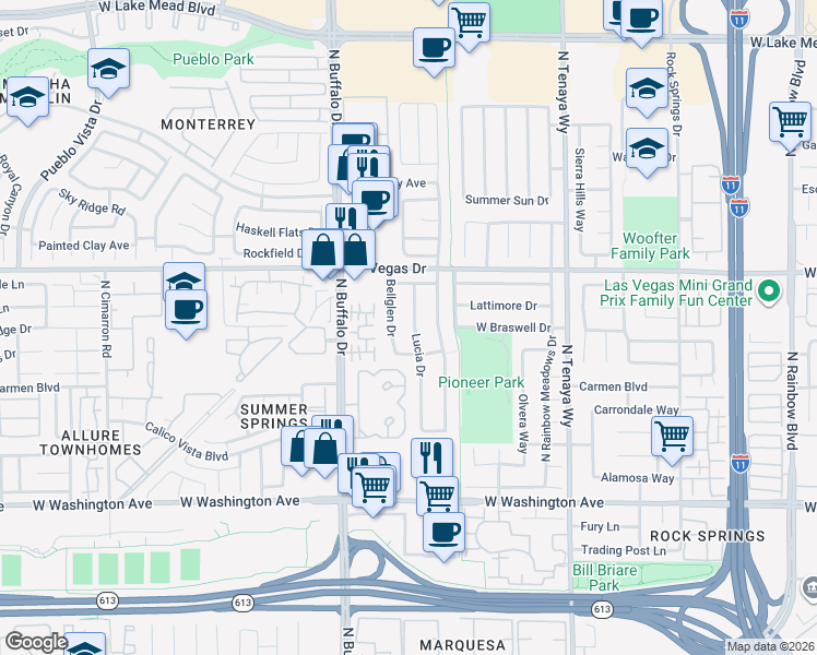 map of restaurants, bars, coffee shops, grocery stores, and more near 1417 Lucia Drive in Las Vegas