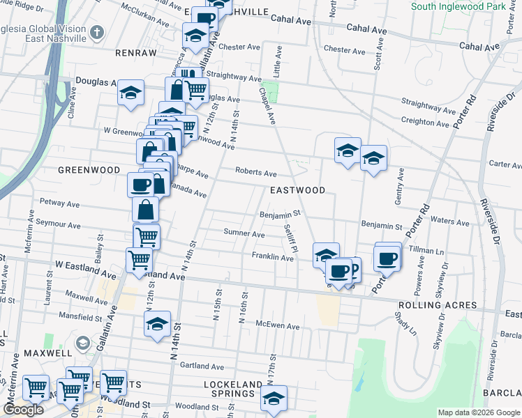 map of restaurants, bars, coffee shops, grocery stores, and more near 1014 North 16th Street in Nashville