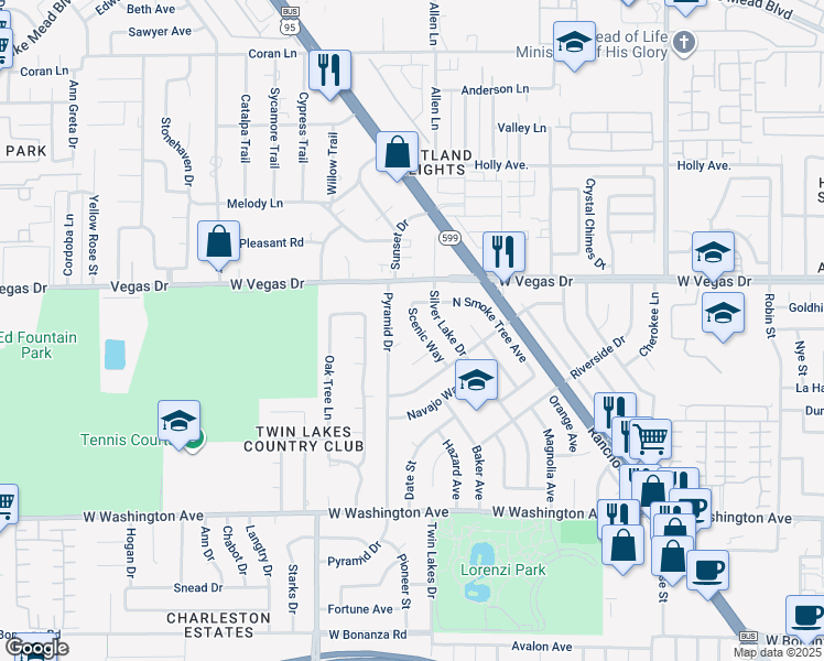map of restaurants, bars, coffee shops, grocery stores, and more near 1364 Pyramid Drive in Las Vegas