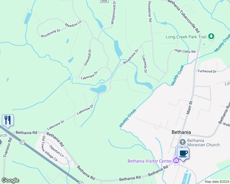 map of restaurants, bars, coffee shops, grocery stores, and more near 3680 Lakeview Drive in Pfafftown