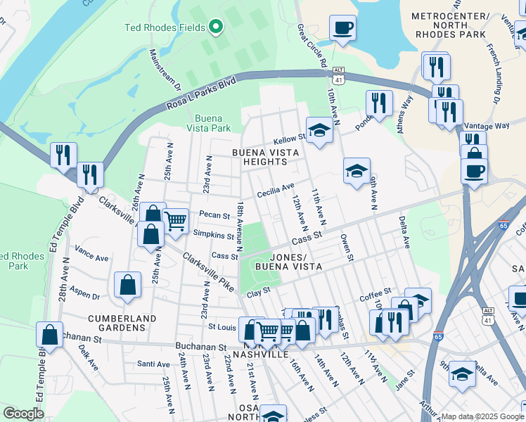 map of restaurants, bars, coffee shops, grocery stores, and more near 2126 15th Avenue North in Nashville