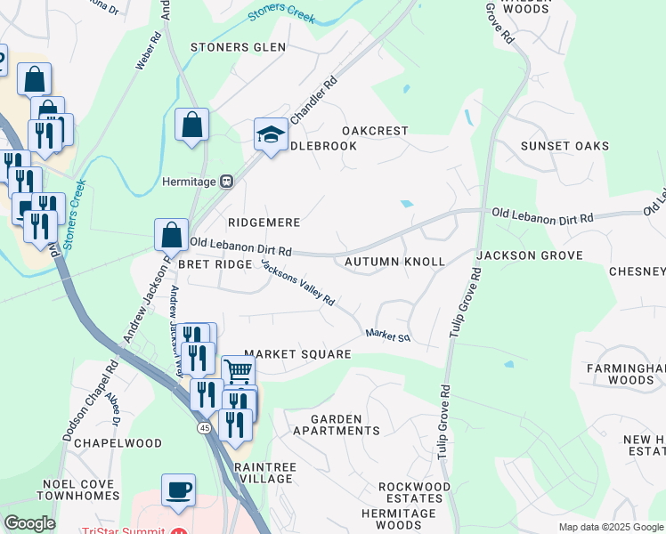 map of restaurants, bars, coffee shops, grocery stores, and more near 1404 Autumn Knoll Road in Nashville