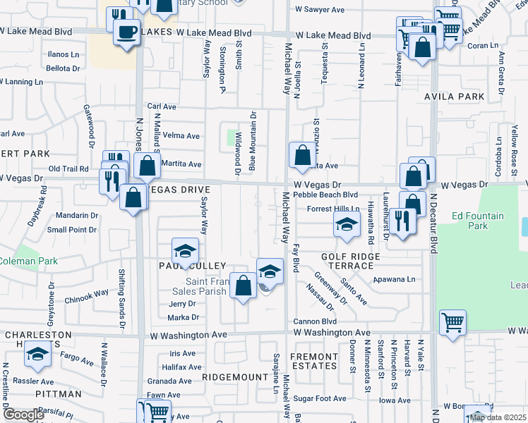 map of restaurants, bars, coffee shops, grocery stores, and more near 1528 Shadow Mountain Place in Las Vegas