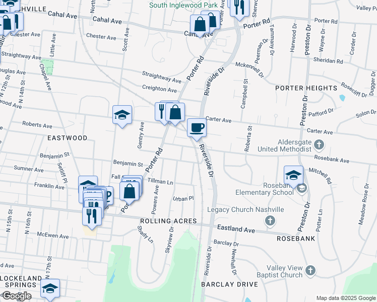 map of restaurants, bars, coffee shops, grocery stores, and more near 1106 Riverside Drive in Nashville