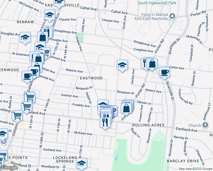 map of restaurants, bars, coffee shops, grocery stores, and more near 313 Manchester Avenue in Nashville