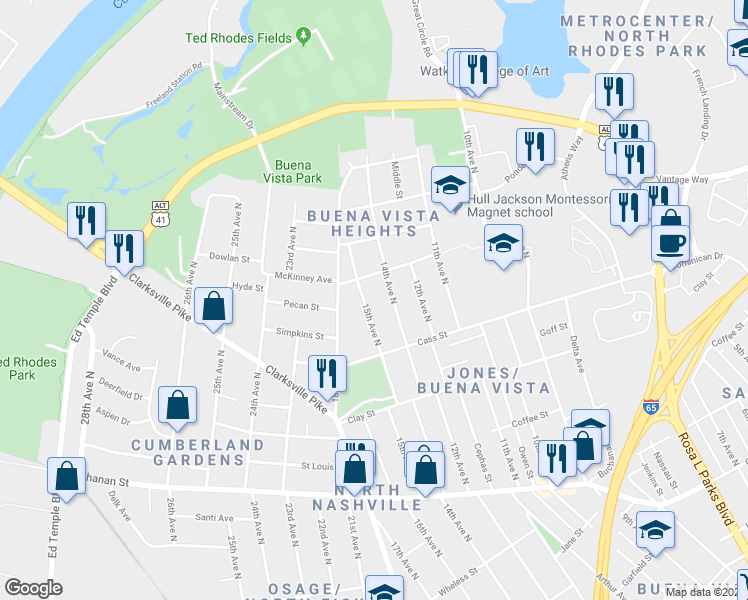 map of restaurants, bars, coffee shops, grocery stores, and more near 2138 15th Avenue North in Nashville