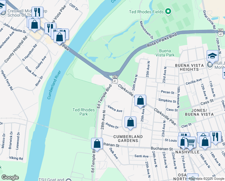 map of restaurants, bars, coffee shops, grocery stores, and more near 2721 Clarksville Pike in Nashville