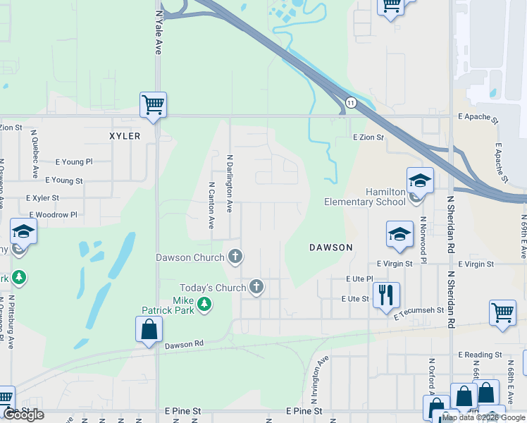 map of restaurants, bars, coffee shops, grocery stores, and more near 5343 East Xyler Street in Tulsa