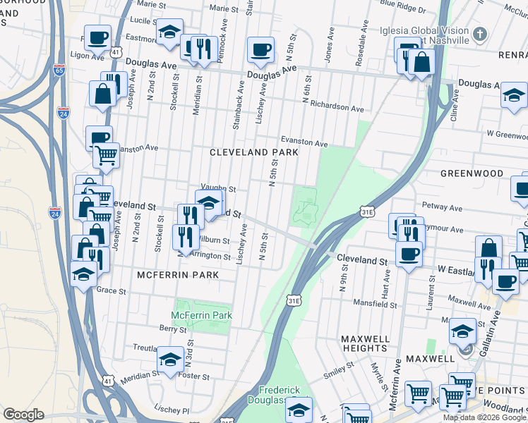 map of restaurants, bars, coffee shops, grocery stores, and more near 916 North 5th Street in Nashville