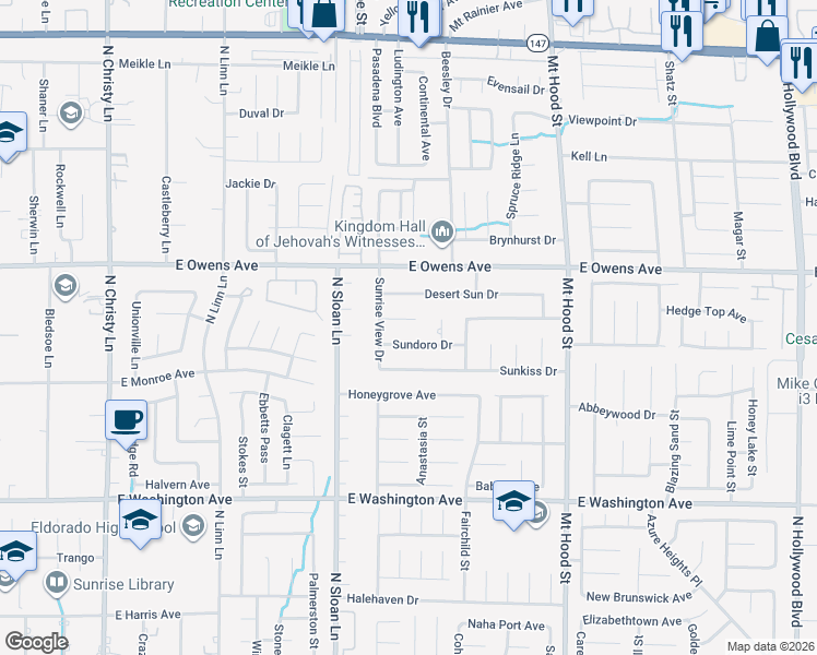 map of restaurants, bars, coffee shops, grocery stores, and more near 6015 Sun Tree Circle in Las Vegas